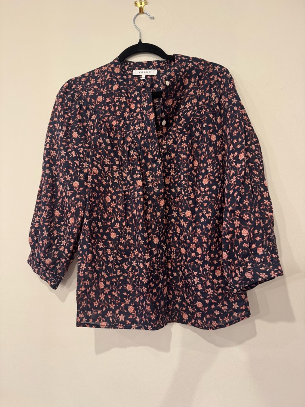 Frame Denim Navy Blouse with Pink Floral Print